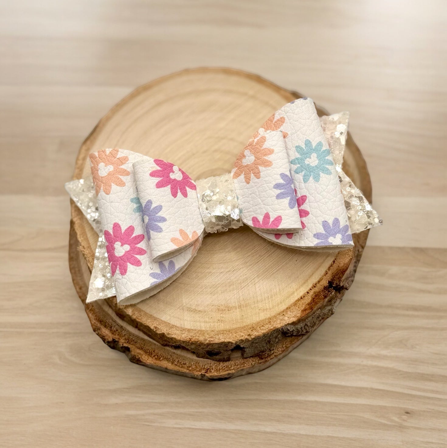 White Floral Mouse Heads | Silver Glitter Small Stacked Hair Bow | Character Print - Nic + Lex Co