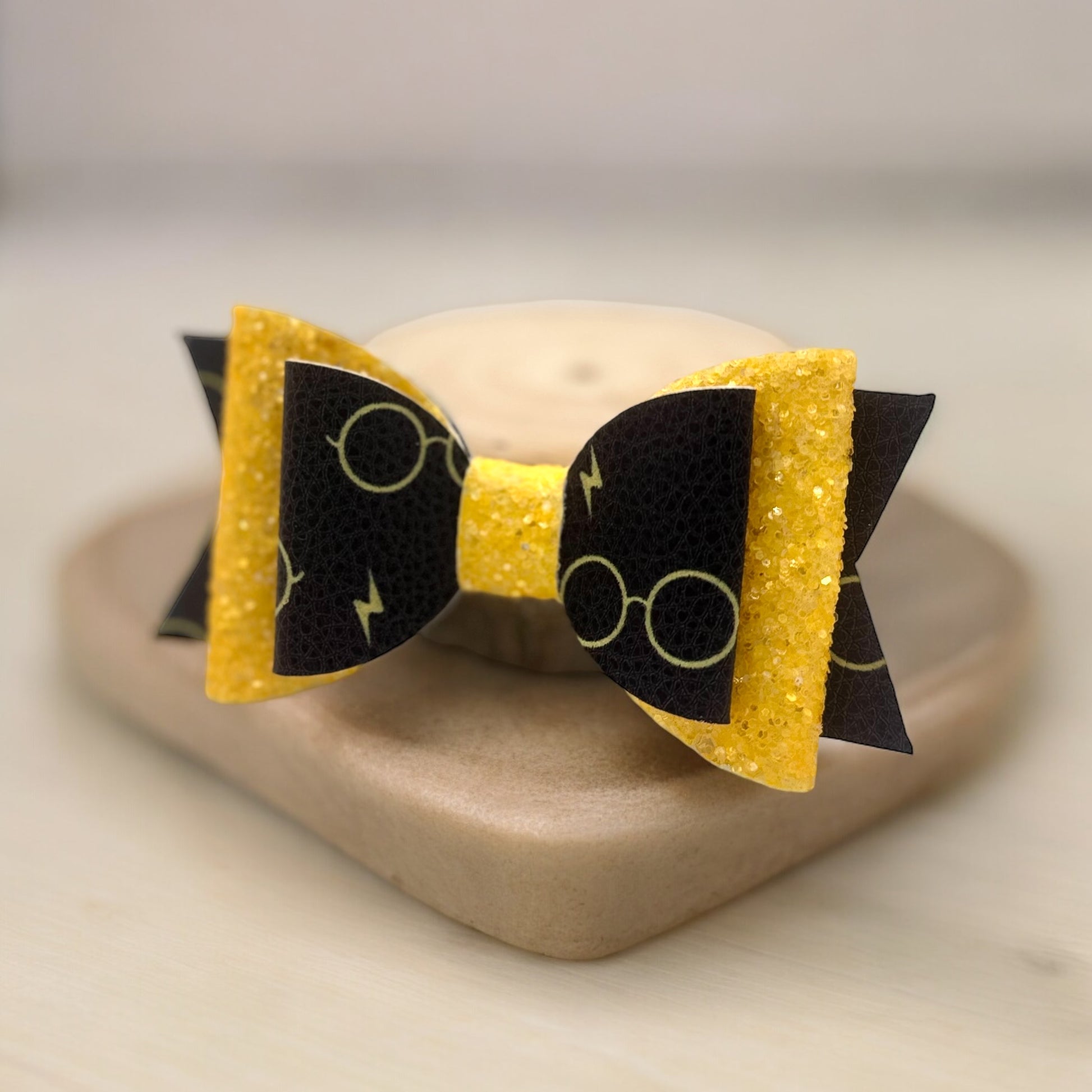 Magic Wizard Eyeglasses | Black and Yellow Large Stacked Glitter Hair Bow - Nic + Lex Co