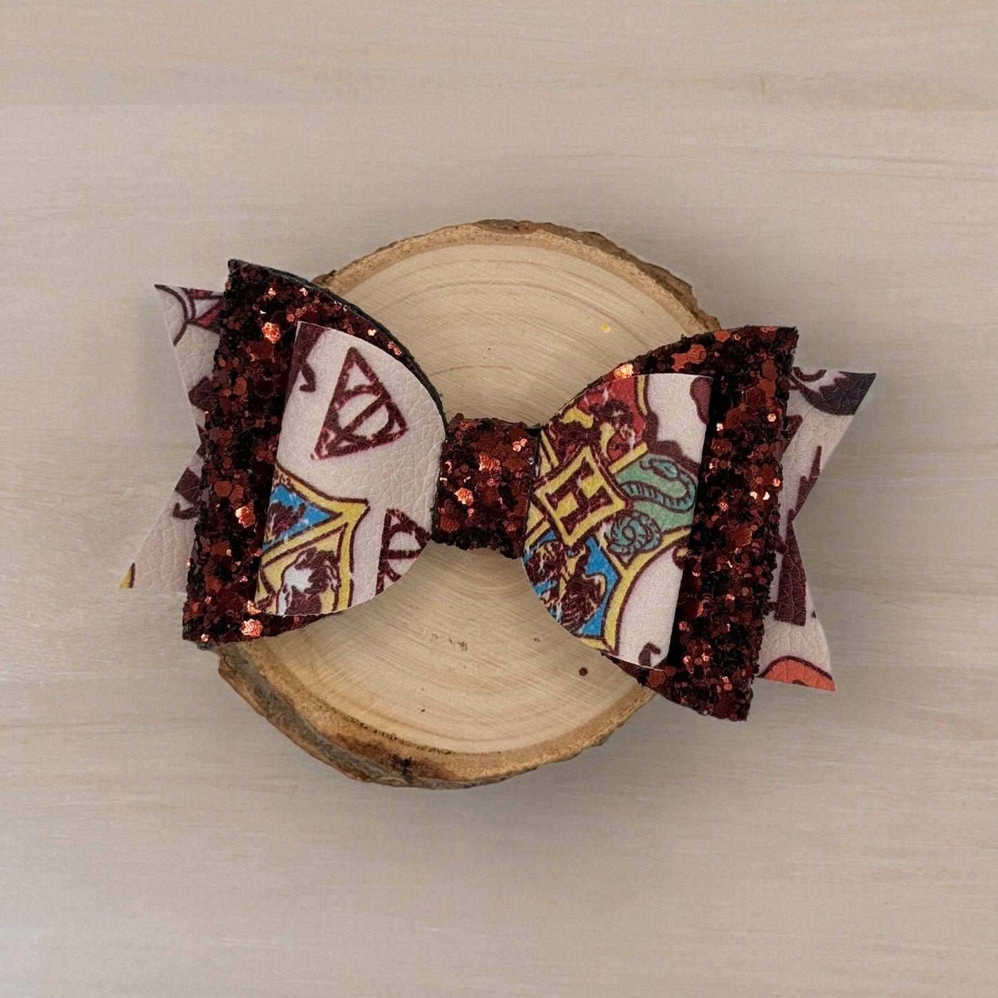 Magic Wizard School Icons | Brown Glitter Faux Leather Large Stacked Hair Bow - Nic + Lex Co