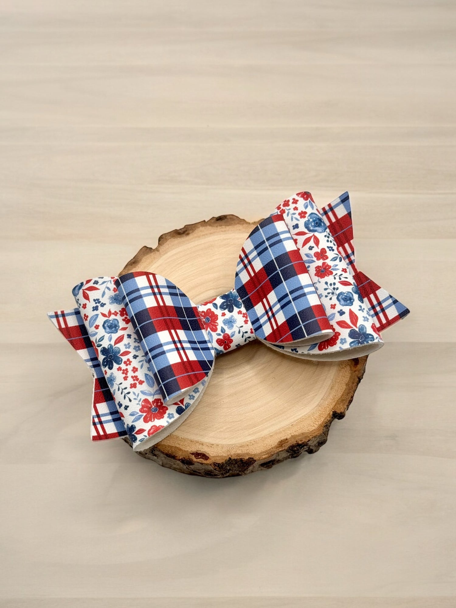 Red White Blue Plaid Floral | Large Stacked Faux Leather Hair Bow - Nic + Lex Co