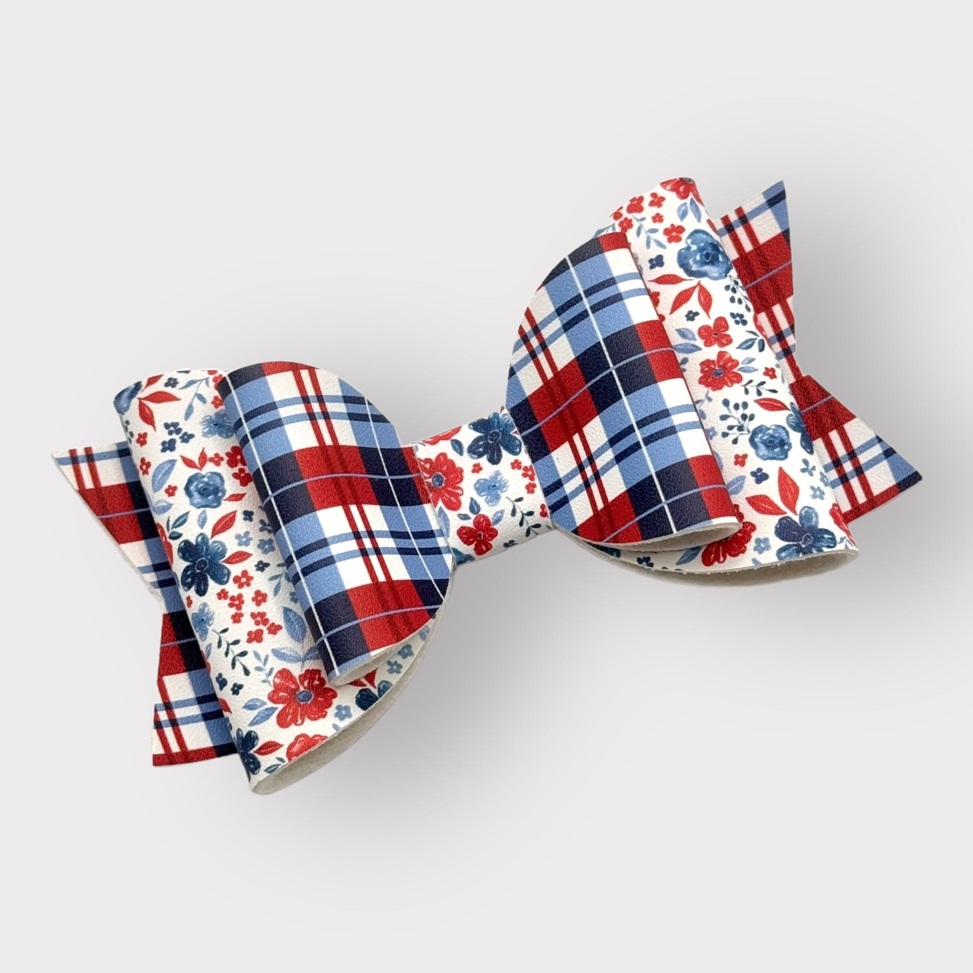 Red White Blue Plaid Floral | Large Stacked Faux Leather Hair Bow - Nic + Lex Co