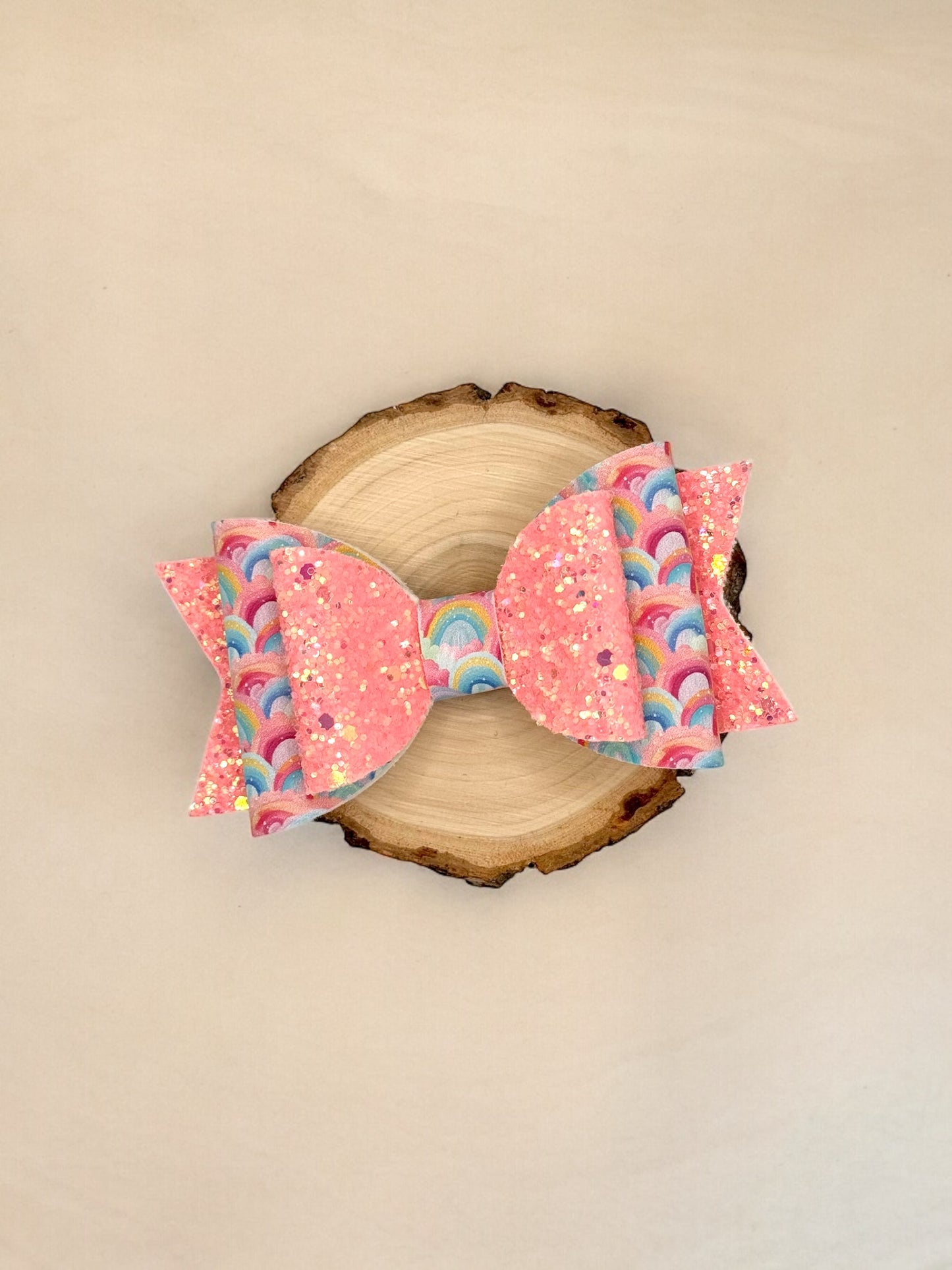 Summer Rainbows | Large Stacked Coral Glitter Faux Leather Hair Bow - Nic + Lex Co