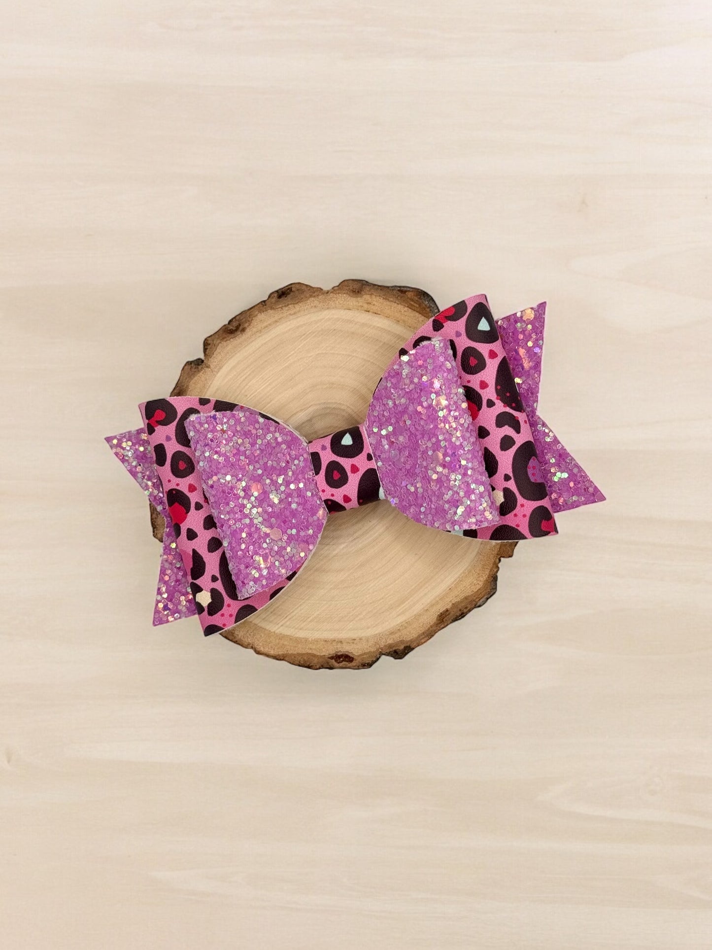 Pink Leopard Print | Large Stacked Glitter Faux Leather Hair Bow - Nic + Lex Co