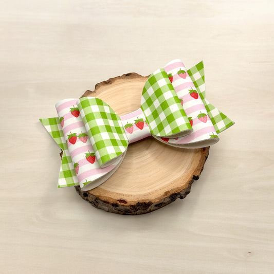 Strawberry Gingham | Large Stacked Faux Leather Hair Bow - Nic + Lex Co