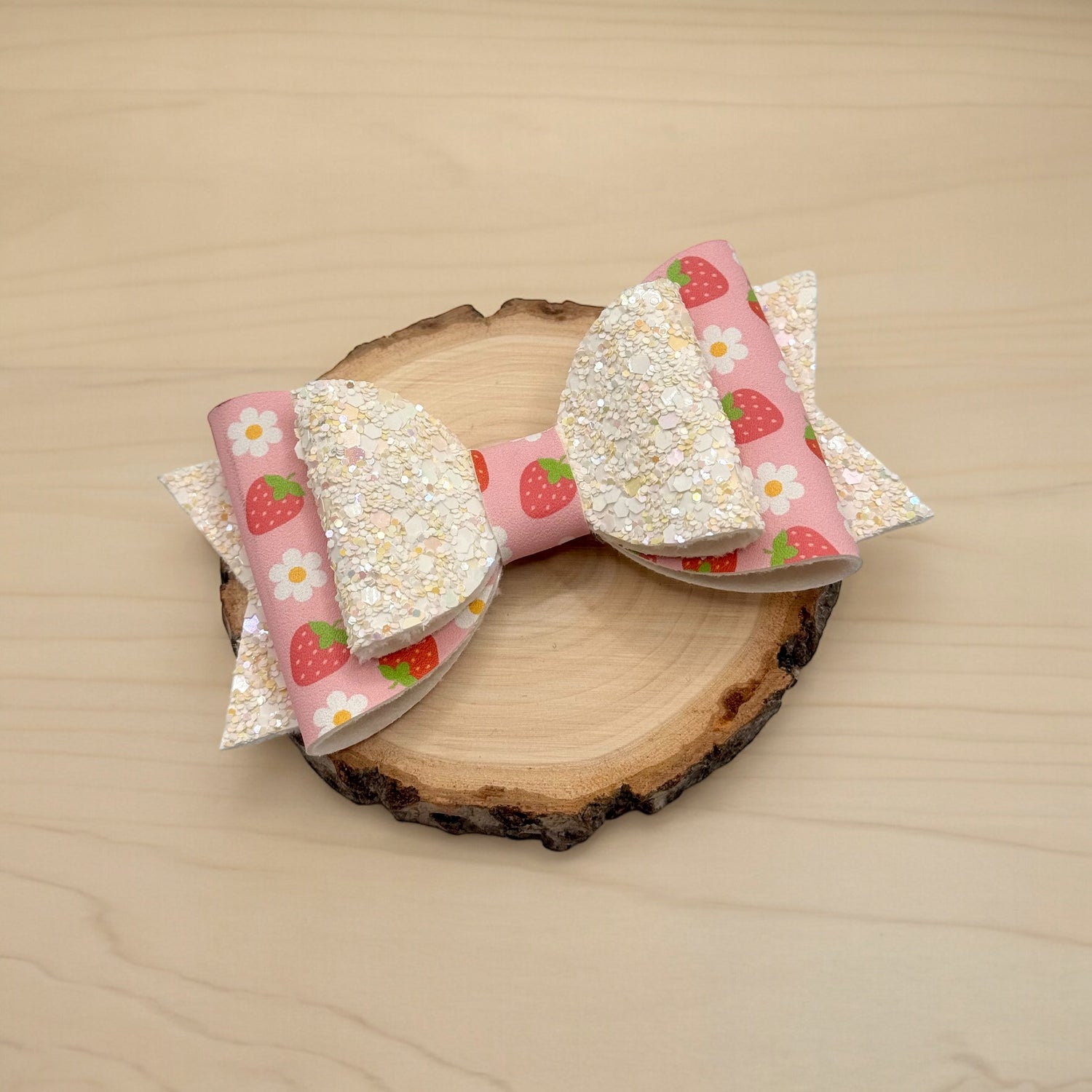 Strawberry Daisies | Large Stacked Glitter Faux Leather Hair Bow - Nic + Lex Co