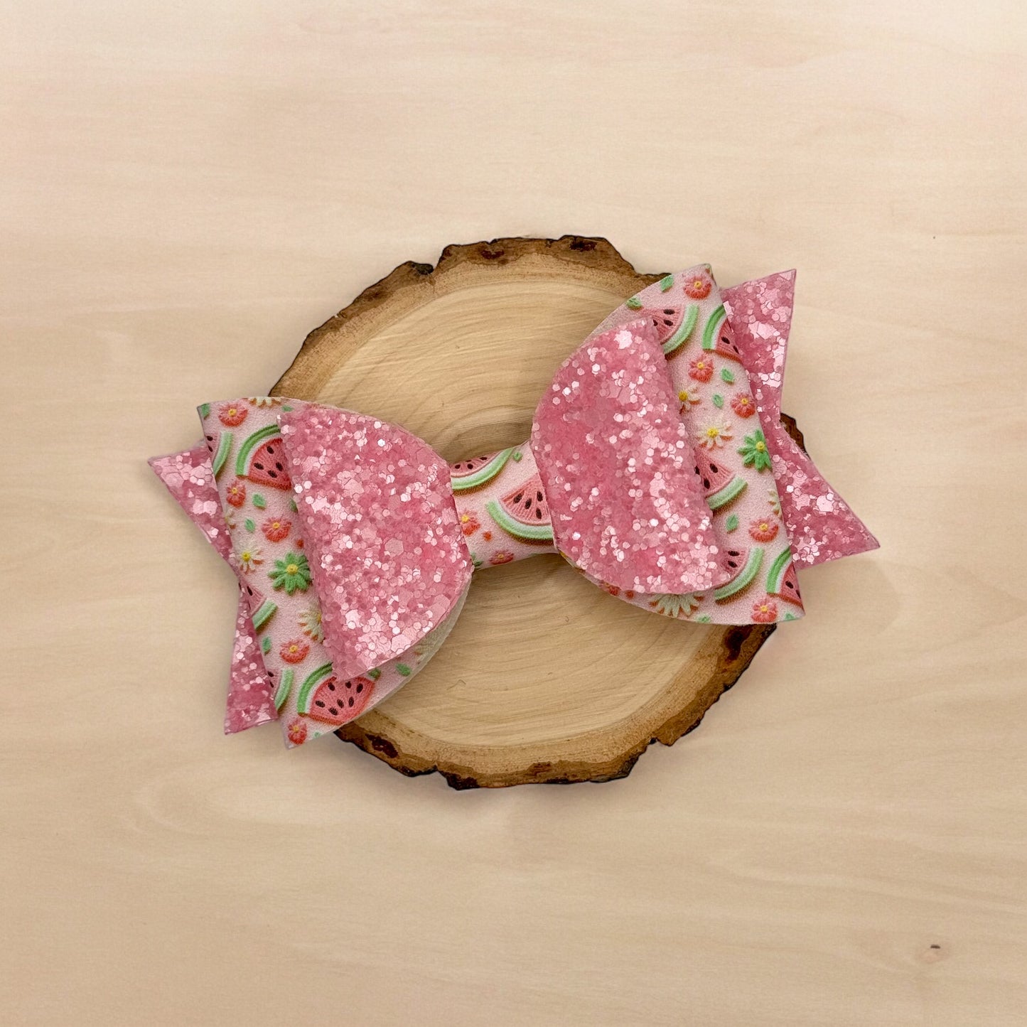 Summer Watermelon | Large Stacked Pink Glitter Faux Leather Hair Bow - Nic + Lex Co