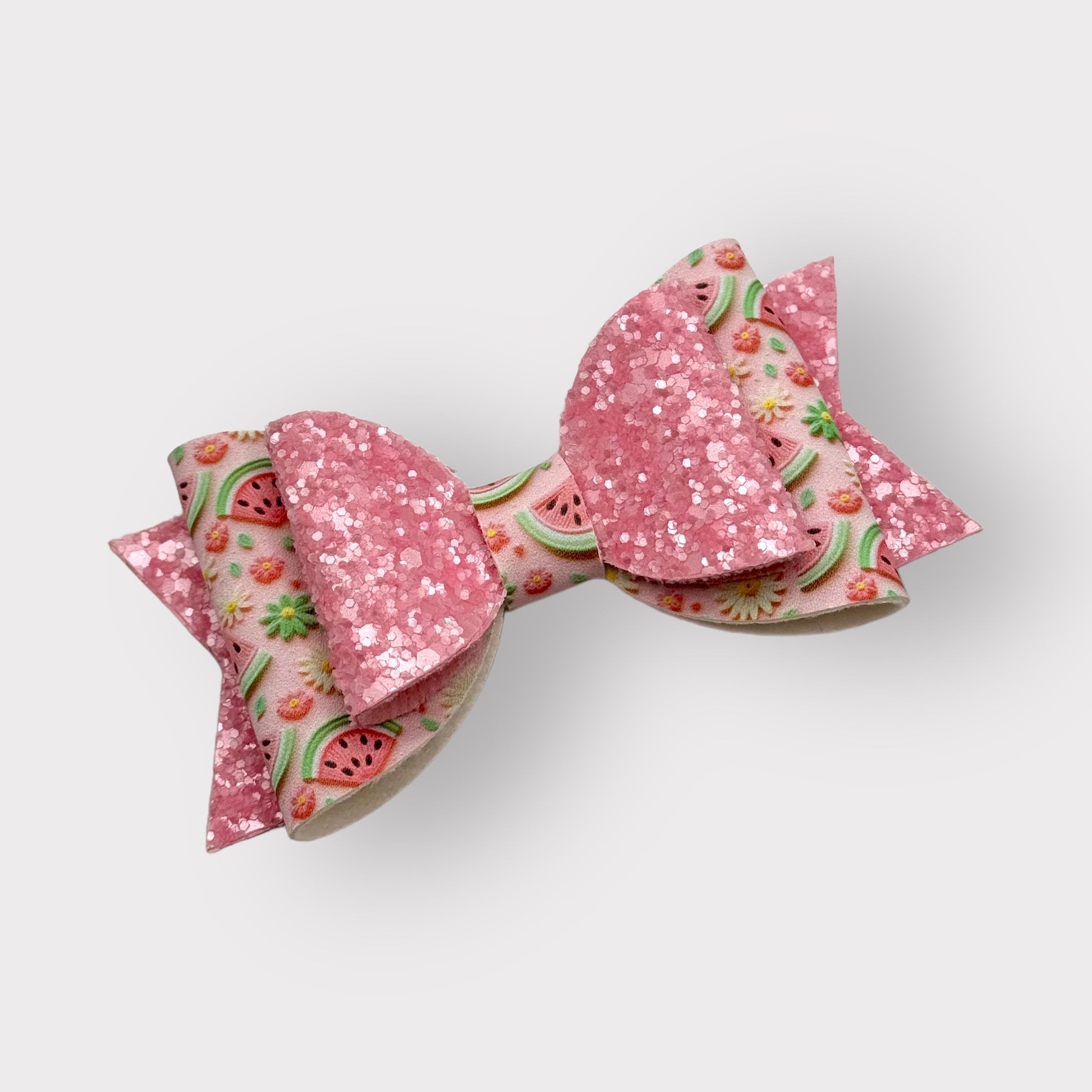 Summer Watermelon | Large Stacked Pink Glitter Faux Leather Hair Bow - Nic + Lex Co