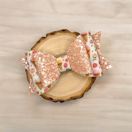 Floral Cones | Large Stacked Tan Glitter Faux Leather Hair Bow - Nic + Lex Co