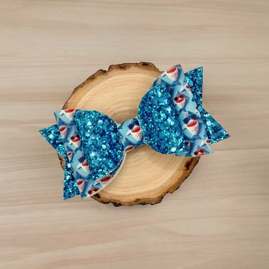 Summer Shark | Large Stacked Blue Glitter Faux Leather Hair Bow - Nic + Lex Co