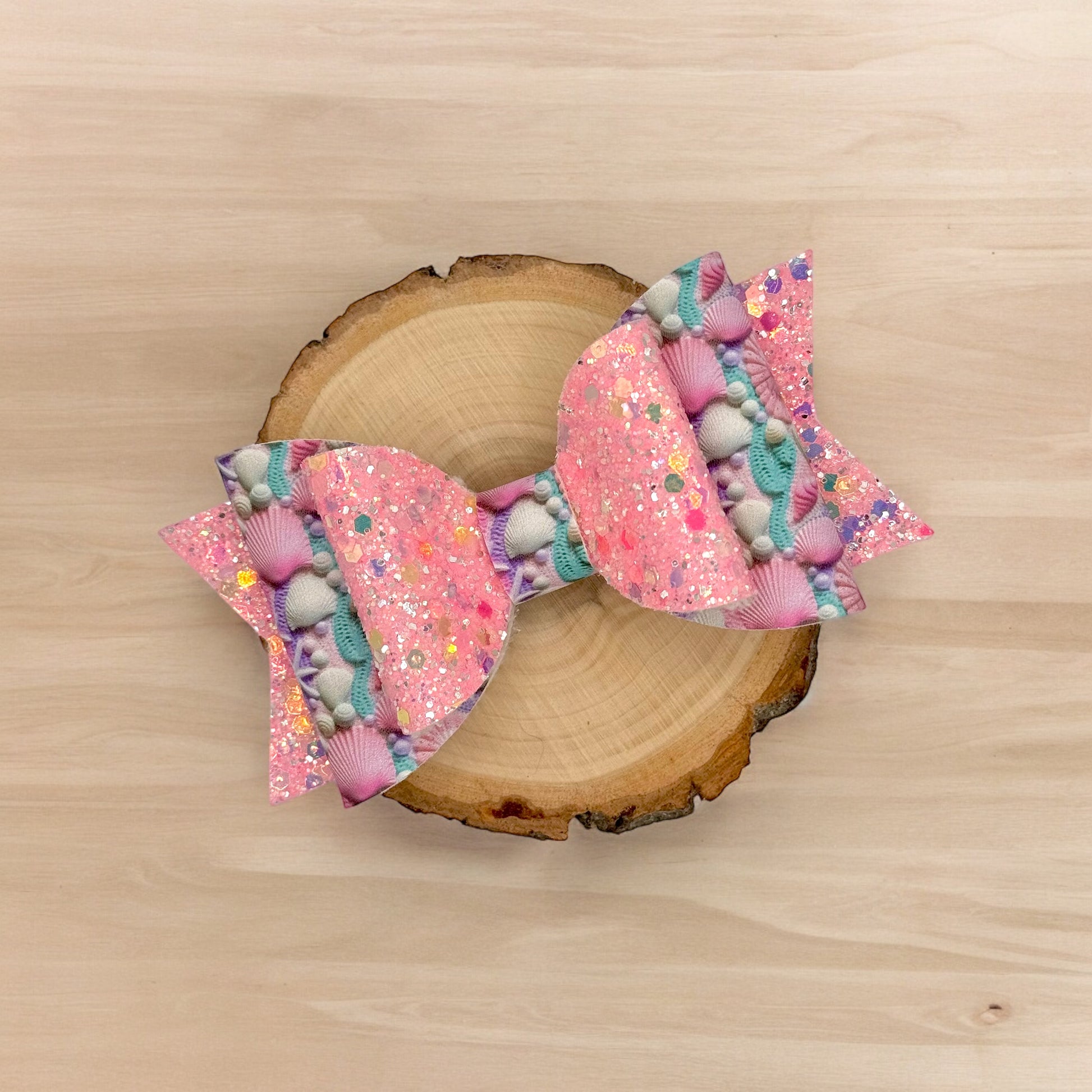 Beach Seashells | Large Stacked Pink Glitter Faux Leather Hair Bow - Nic + Lex Co