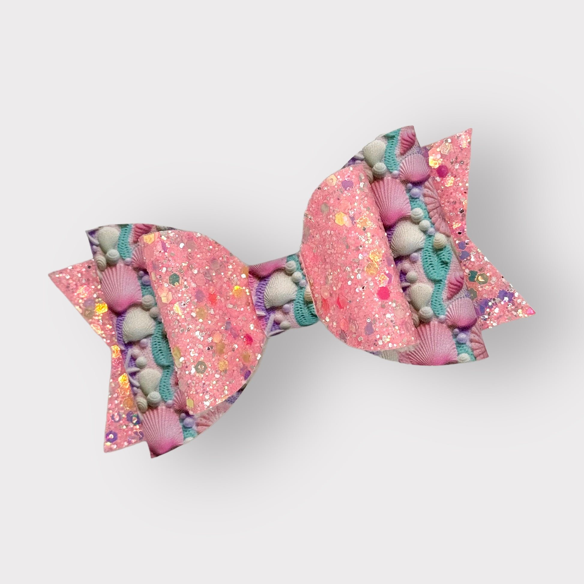 Beach Seashells | Large Stacked Pink Glitter Faux Leather Hair Bow - Nic + Lex Co