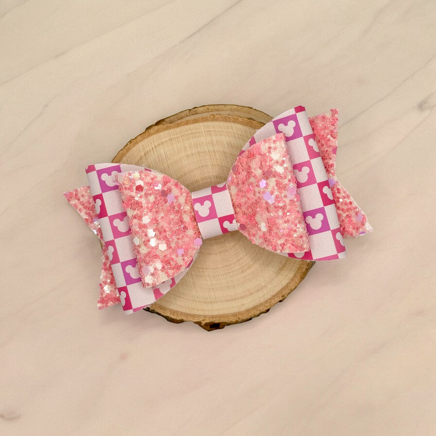 Checkerboard Mouse Heads | Large Stacked Pink Glitter Faux Leather Hair Bow - Nic + Lex Co