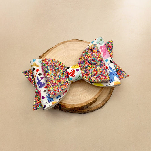 Magical Theme Park | Large Stacked Multi Color Glitter Faux Leather Hair Bow - Nic + Lex Co