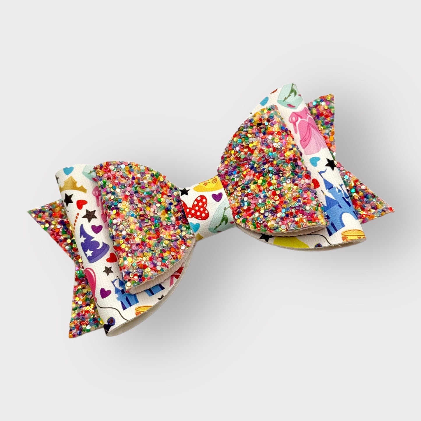 Magical Theme Park | Large Stacked Multi Color Glitter Faux Leather Hair Bow - Nic + Lex Co