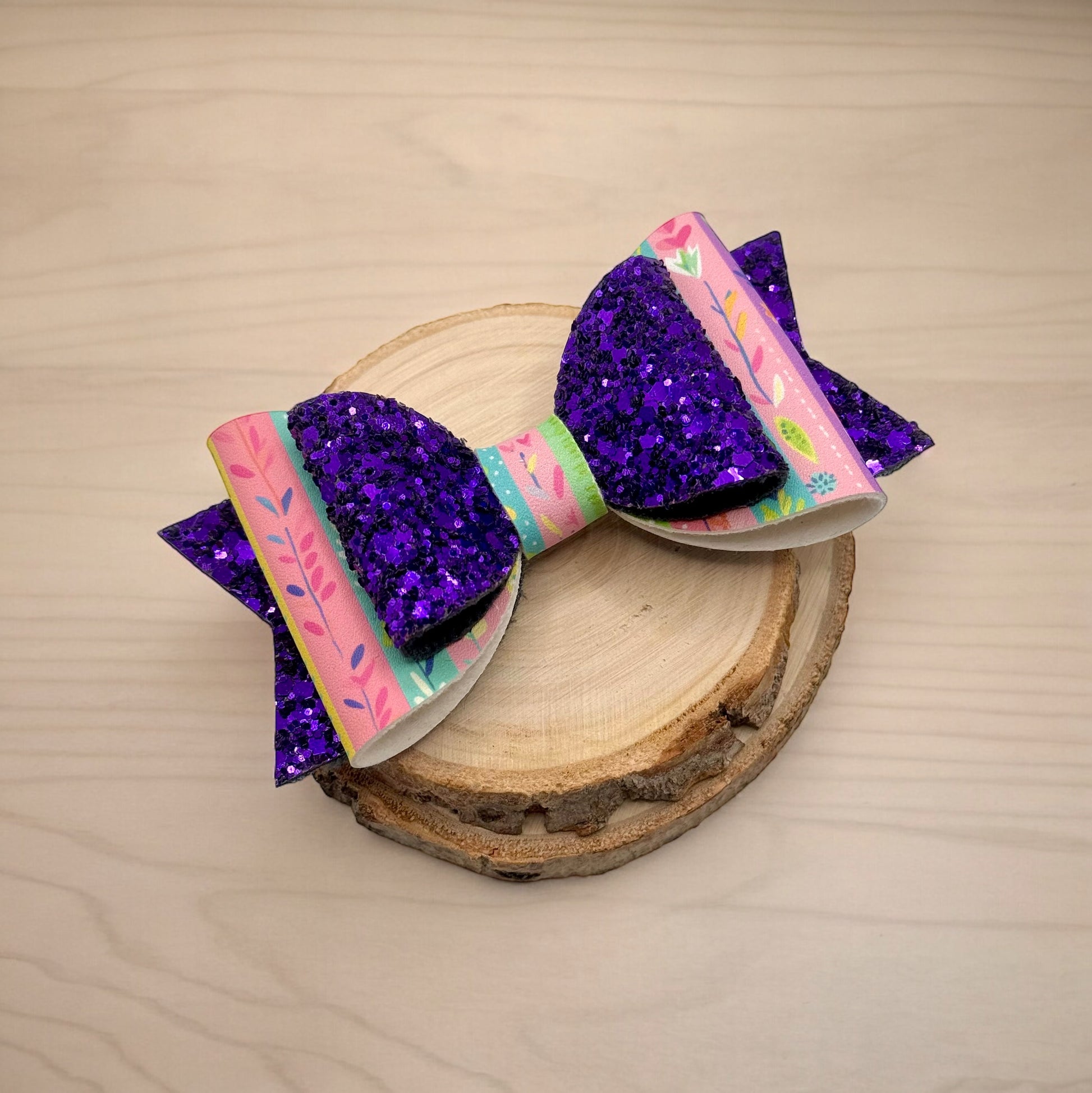 Madrigal Stripes | Large Stacked Purple Glitter Faux Leather Hair Bow - Nic + Lex Co