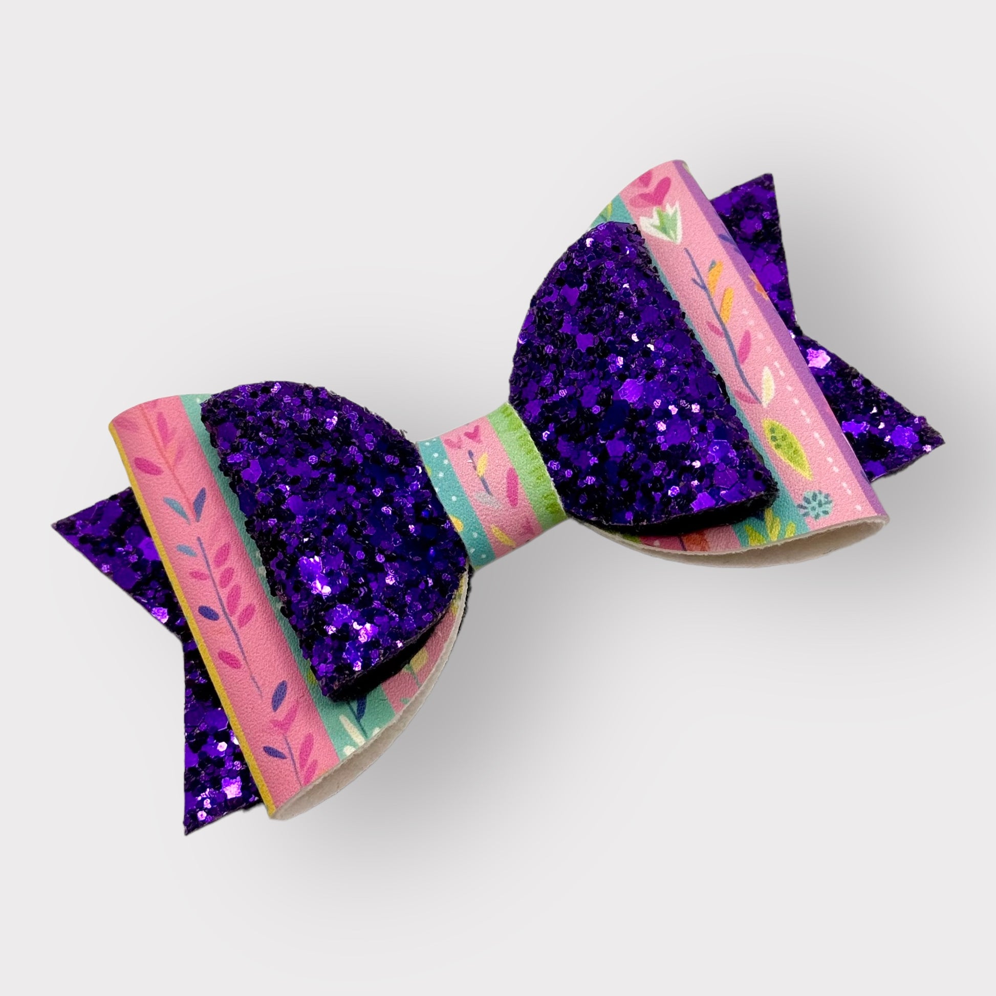 Madrigal Stripes | Large Stacked Purple Glitter Faux Leather Hair Bow - Nic + Lex Co