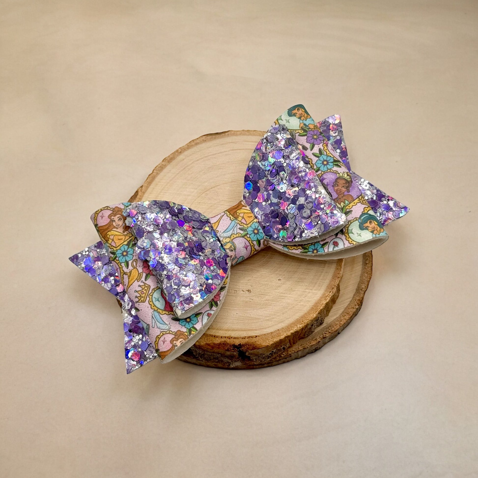 Heart Framed Magical Princesses | Large Stacked Purple Glitter Faux Leather Hair Bow - Nic + Lex Co