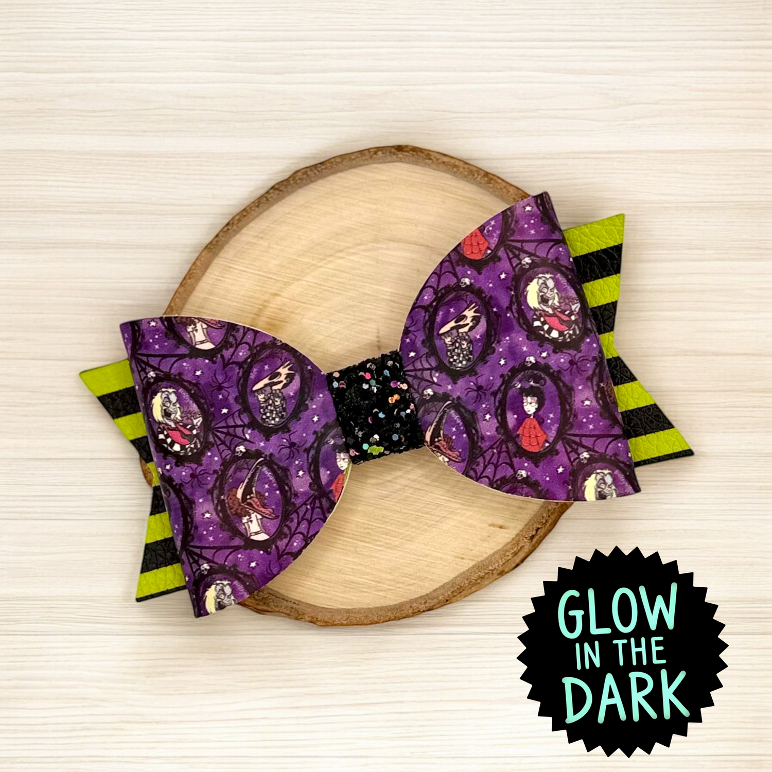 Beetlejuice Portraits | Large Faux Leather Hair Bow Glow in the Dark - Nic + Lex Co