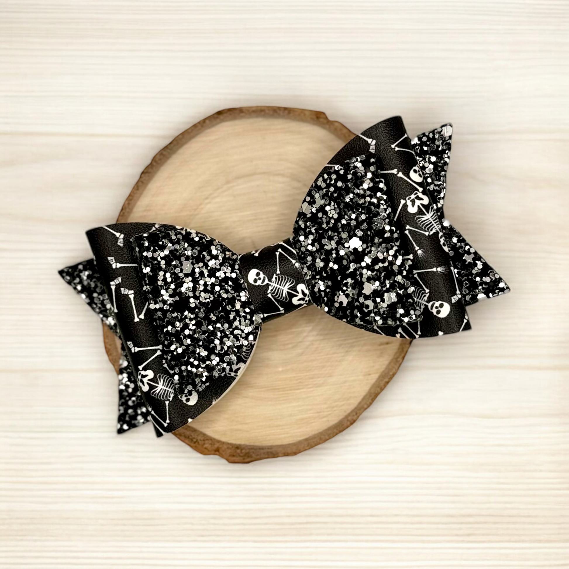 Dancing Skeletons | Large Stacked Silver Glitter Faux Leather Hair Bow - Nic + Lex Co