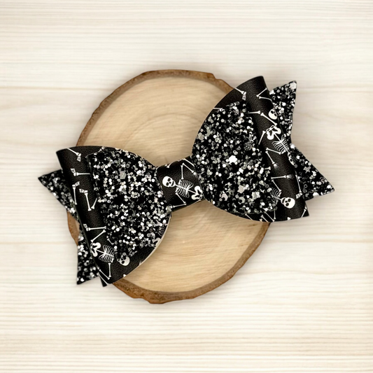 Dancing Skeletons | Large Stacked Silver Glitter Faux Leather Hair Bow - Nic + Lex Co