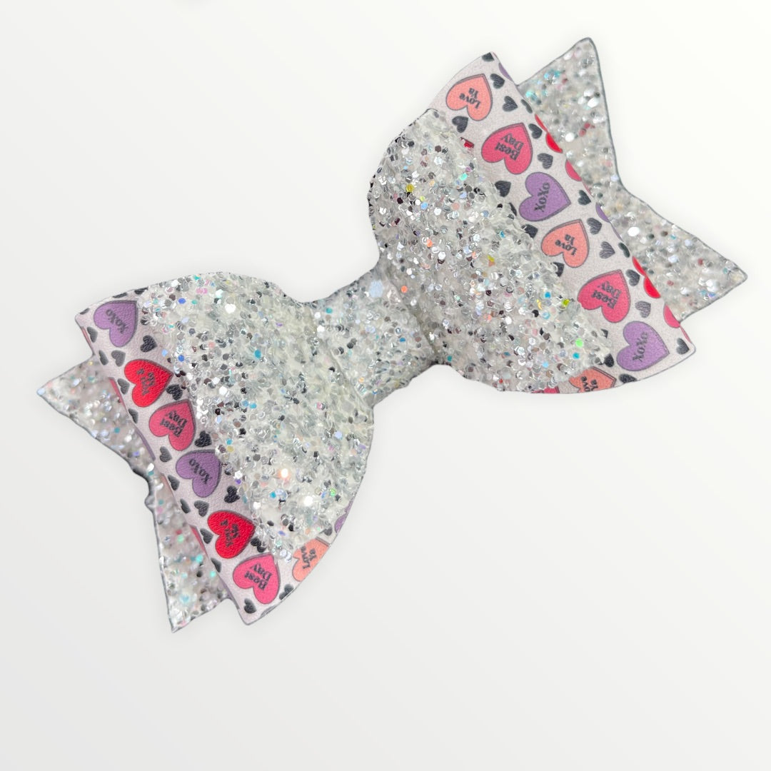 Alt Convo Hearts | Large Stacked Silver Glitter Faux Leather Hair Bow