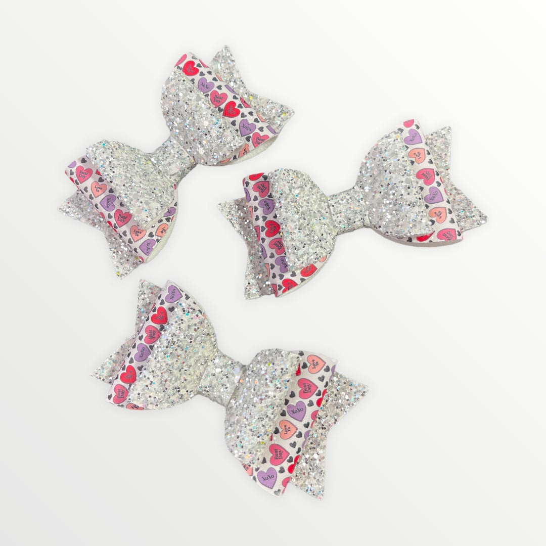 Alt Convo Hearts | Large Stacked Silver Glitter Faux Leather Hair Bow