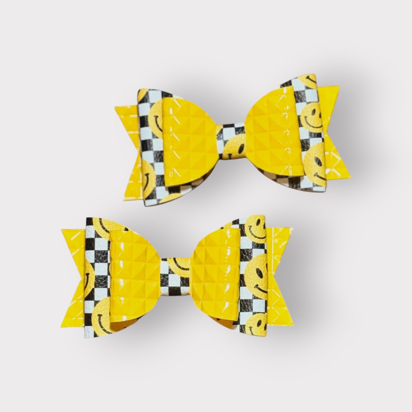 Yellow Checkerboard Smiley Face | Large Stacked Hair Bow