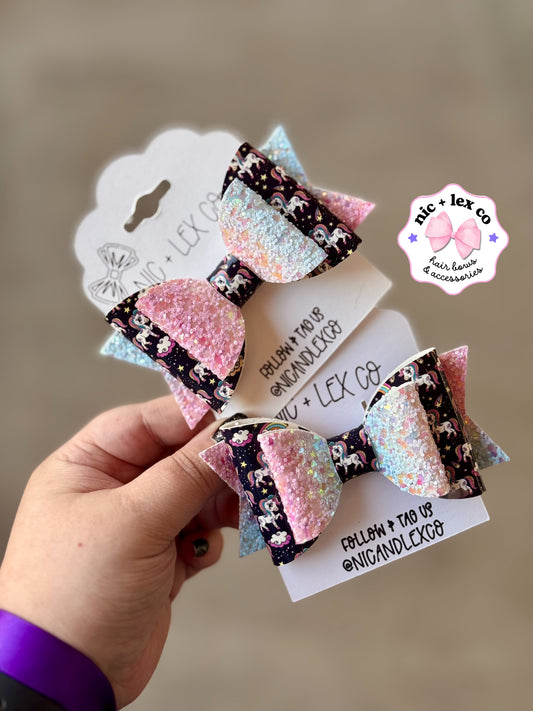 Pastel Unicorn | Large Stacked Glitter Faux Leather Bow