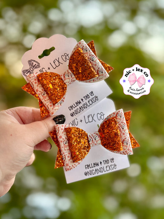 Orange Heeler Dog | Large Stacked Glitter Faux Leather Bow