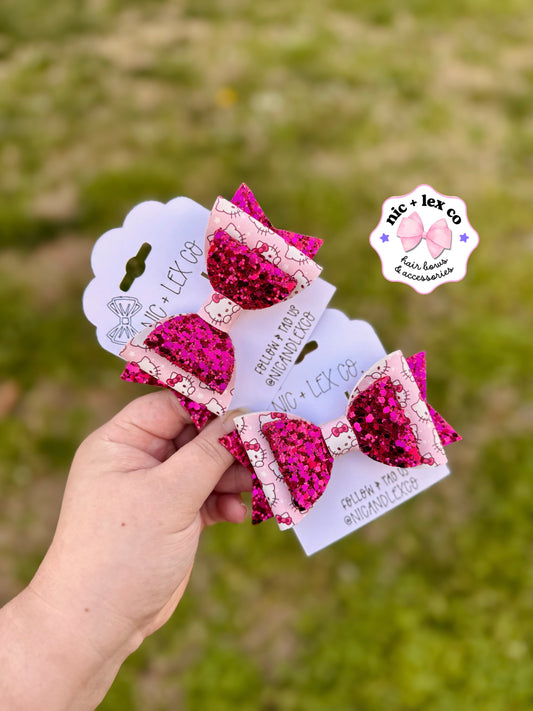 Hi Kitty Faces | Large Stacked Glitter Faux Leather Bow