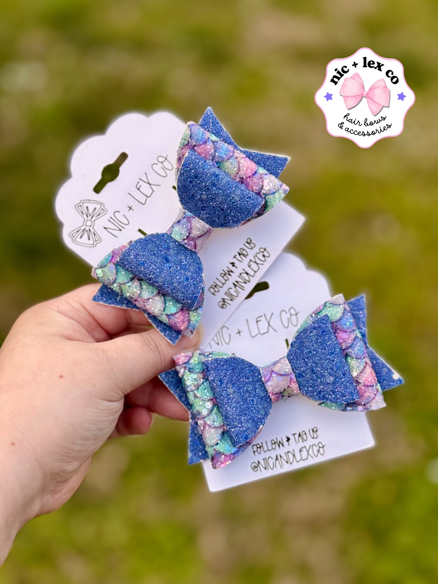 Blue Mermaid Scale | Large Stacked Glitter Faux Leather Bow