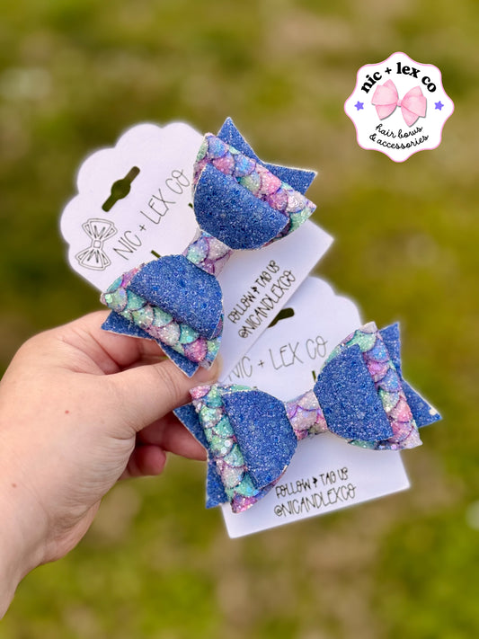 Blue Mermaid Scale | Large Stacked Glitter Faux Leather Bow