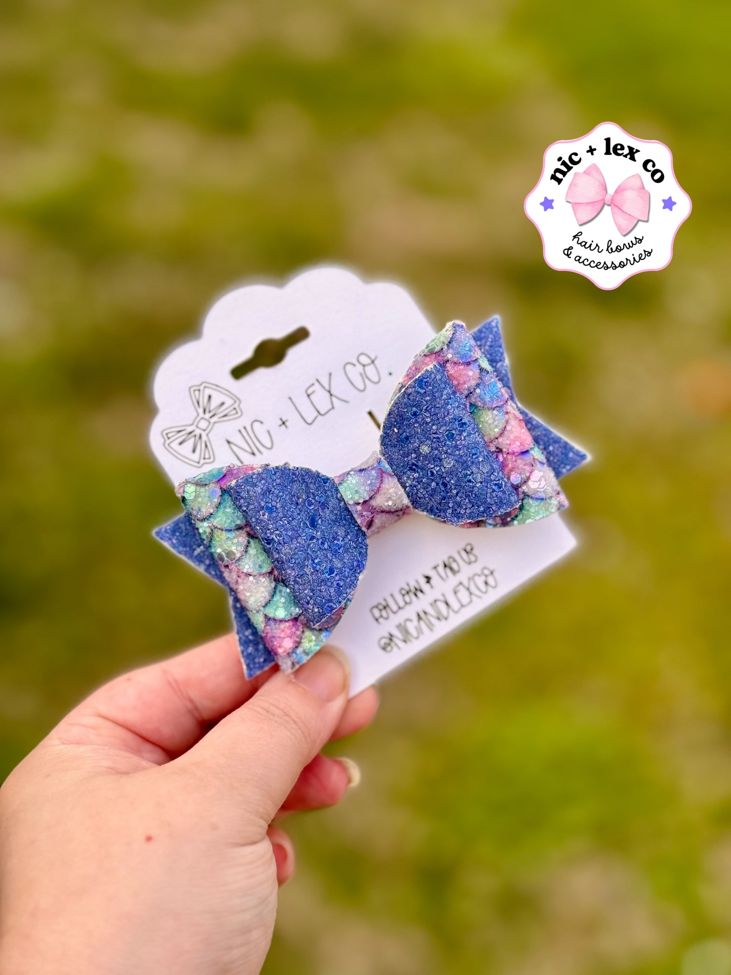 Blue Mermaid Scale | Large Stacked Glitter Faux Leather Bow