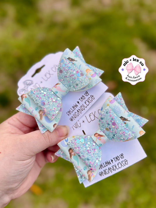 Mermaid Girl | Large Stacked Glitter Faux Leather Bow