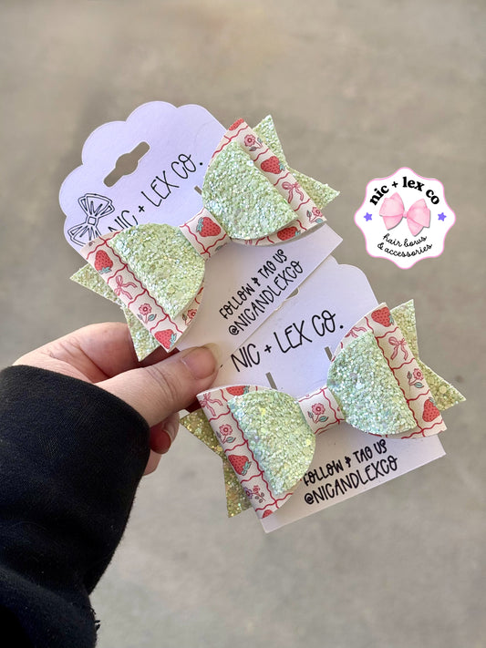 Strawberry Cutie | Large Stacked Glitter Faux Leather Bow