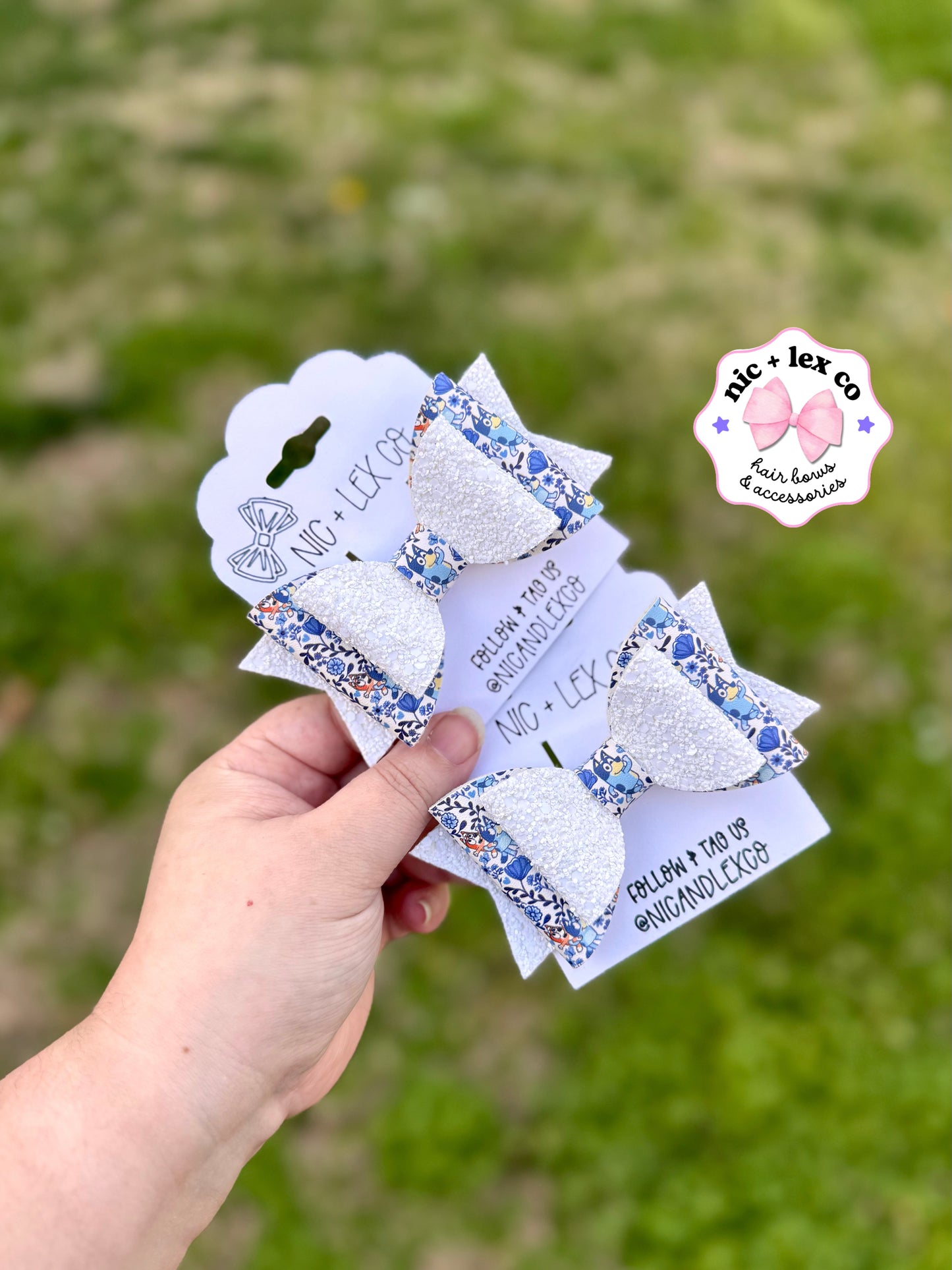 Blue Floral Dog | Large Stacked Glitter Faux Leather Bow